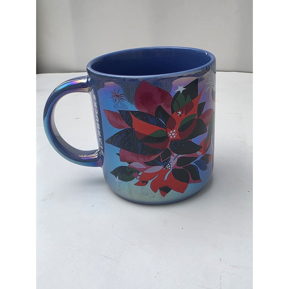 Starbucks 2023 Holiday Iridescent Poinsettia Bouquet Mug Blue Ceramic 14oz